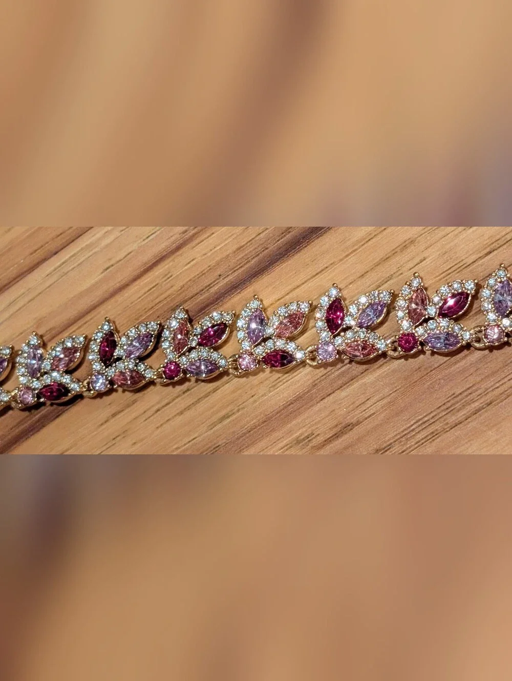 Gold-Tone Light And Deep Pink Crystal Leaf Necklace